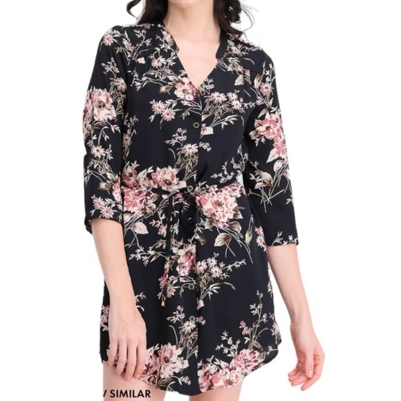 41 Hawthorn Floral Shirt Dress L Roll Tab Sleeves Black - Picture 1 of 9